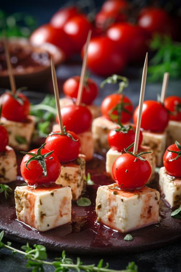 Mediterrane Party-Snacks mit Schafskäse und Tomaten.