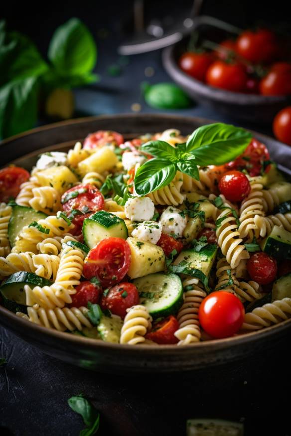 Mediterraner Nudelsalat auf einem Teller angerichtet.