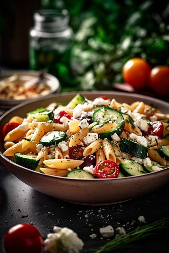 Mediterraner Nudelsalat mit Tomaten, Gurken und Feta.