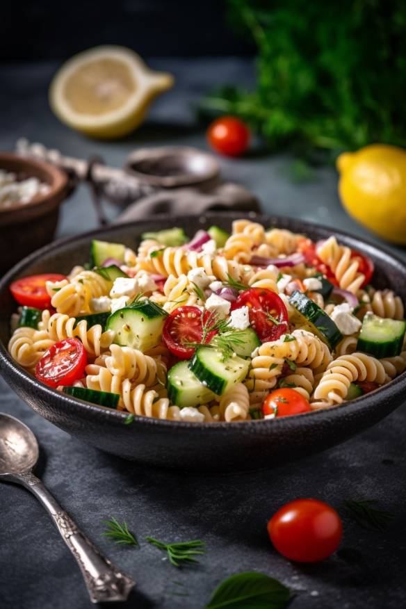 Mediterraner Nudelsalat mit Tomaten, Gurken und Feta.