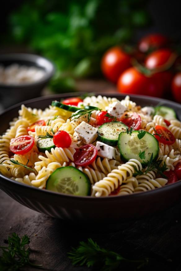 Mediterraner Nudelsalat mit Tomaten, Gurken und Feta.