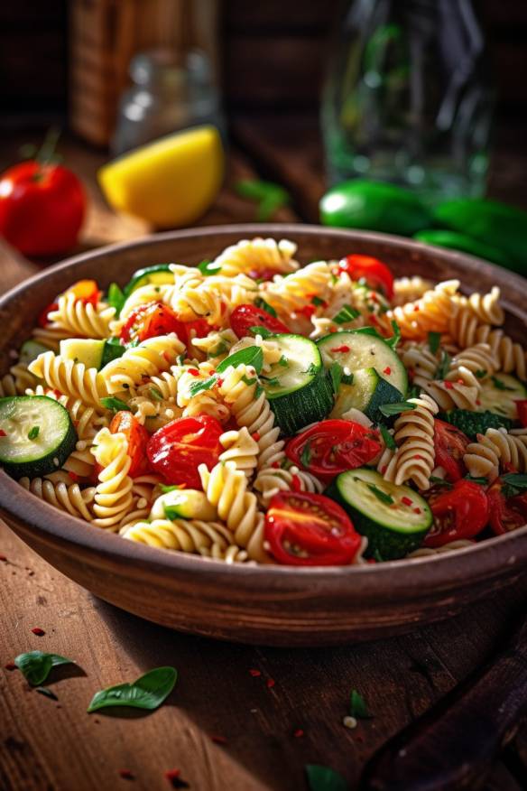 Mediterraner Nudelsalat mit Tomaten, Gurken und Paprika.