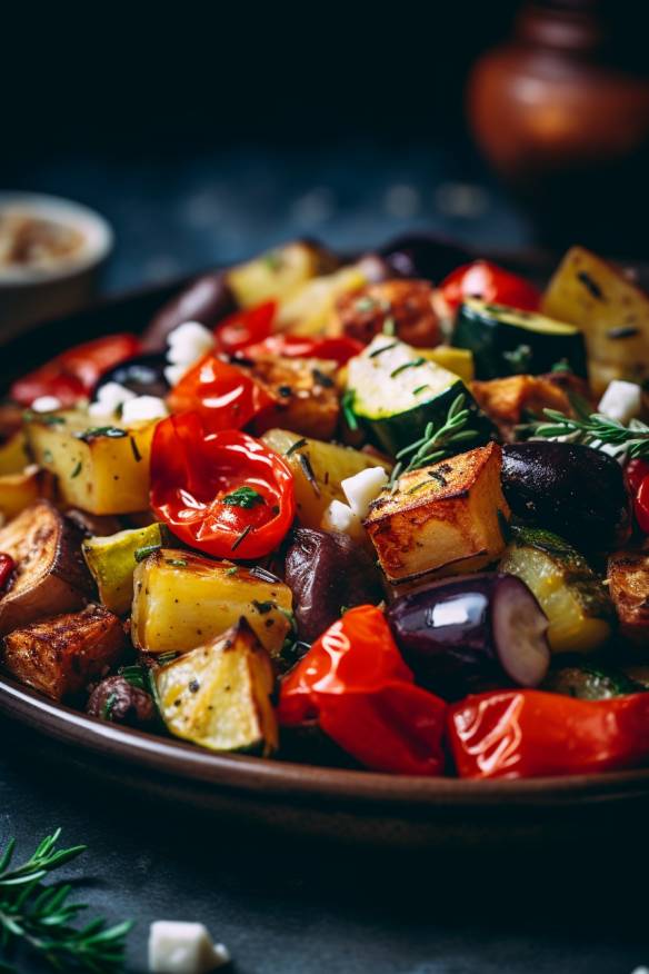 Mediterranes Ofengemüse mit Kartoffeln, Paprika, Zucchini, Aubergine, Tomaten und Oliven.