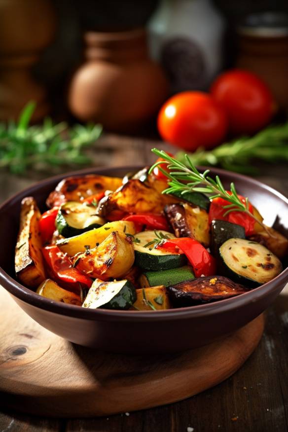 Mediterranes Ofengemüse mit Kartoffeln, Paprika, Zucchini, Aubergine, Tomaten und Oliven.