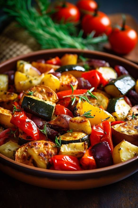 Mediterranes Ofengemüse mit Kartoffeln, Paprika, Zucchini, Aubergine, Tomaten und Oliven.