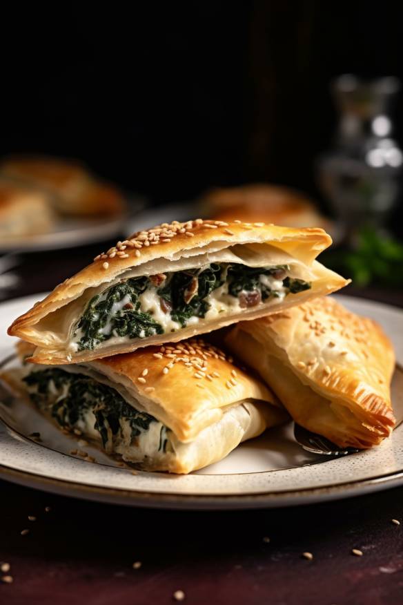 Mediterrane Spinat-Feta-Taschen auf einem Teller angerichtet.