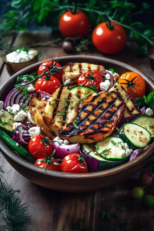 Mediterraner Sommersalat mit gegrilltem Gemüse und Feta