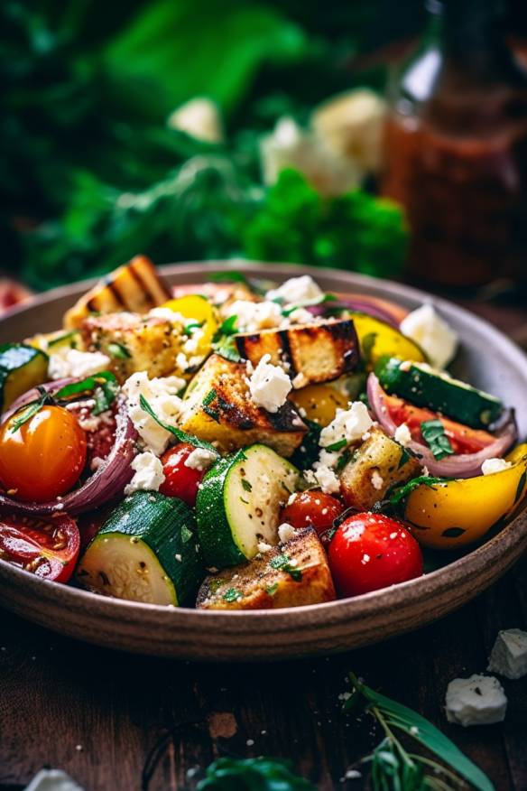 Mediterraner Sommersalat mit gegrilltem Gemüse und Feta