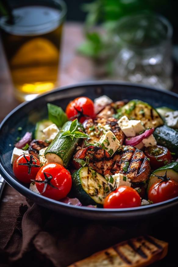 Mediterraner Sommersalat mit gegrilltem Gemüse und Feta