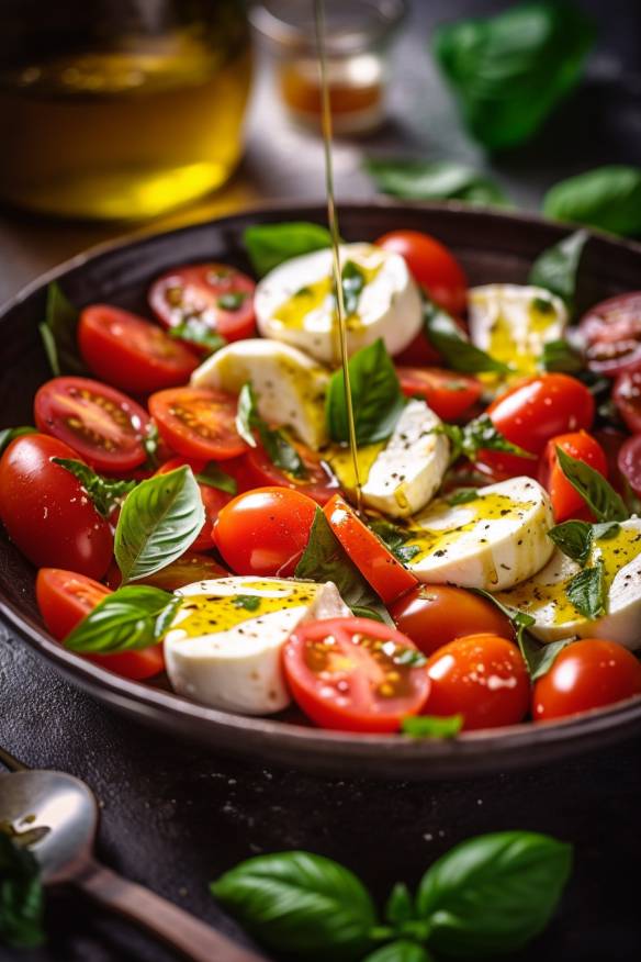 Mediterraner Tomaten-Mozzarella-Salat mit Basilikum und Olivenöl.