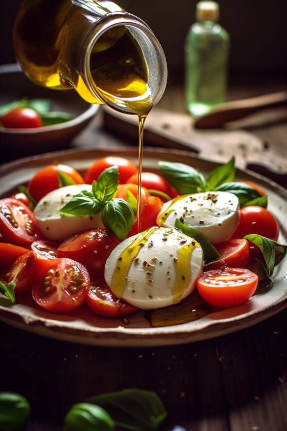 Mediterraner Tomaten-Mozzarella-Salat mit Basilikum und Olivenöl.