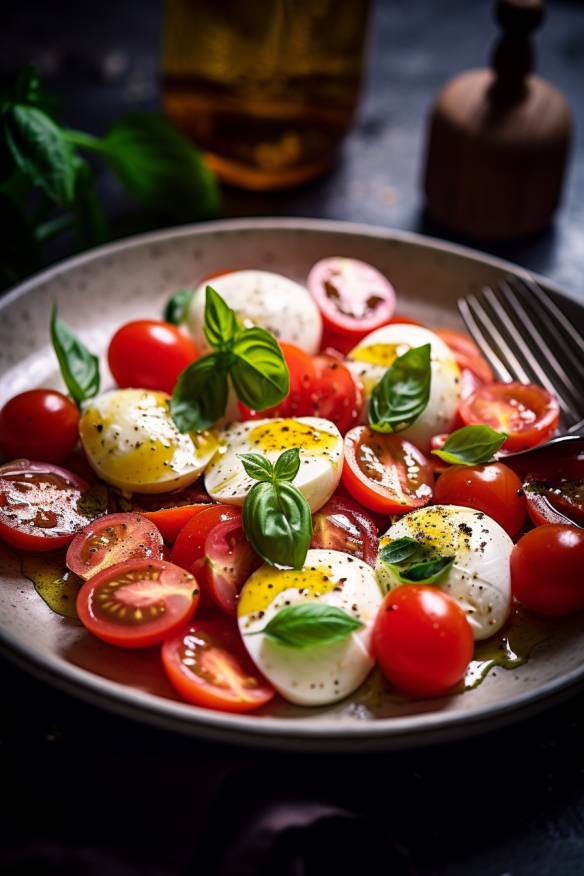 Mediterraner Tomaten-Mozzarella-Salat mit Basilikum und Olivenöl.