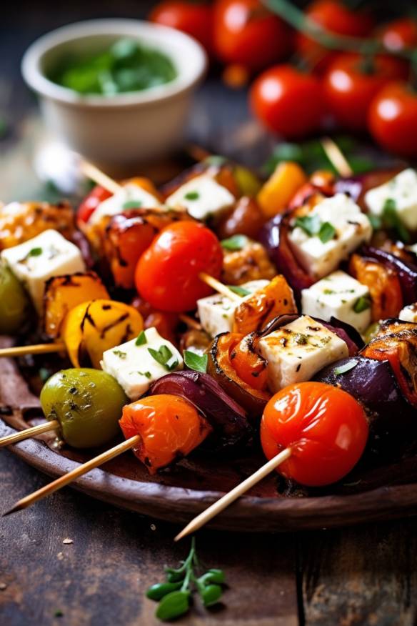 Mediterrane Gemüse-Feta-Spieße.