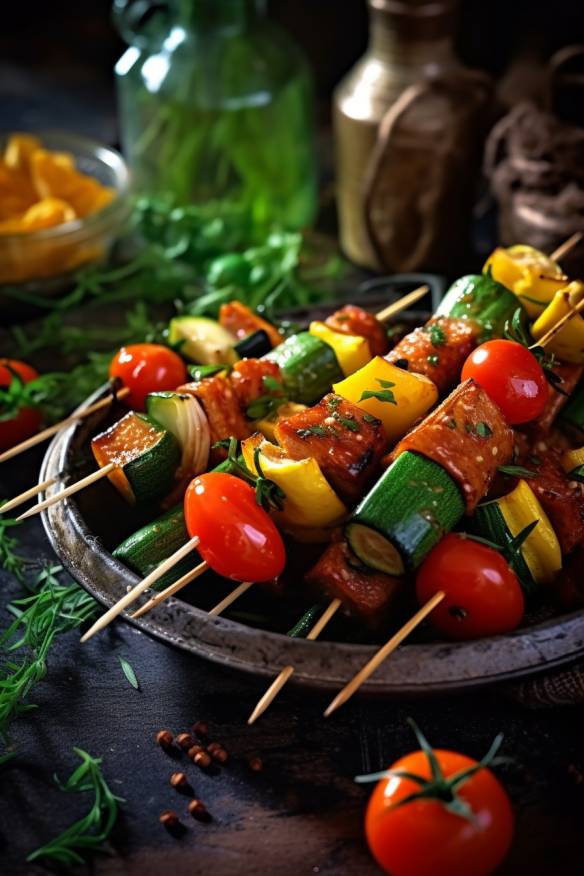 Mediterrane Gemüse-Spieße mit Zucchini, Paprika und Tomaten.