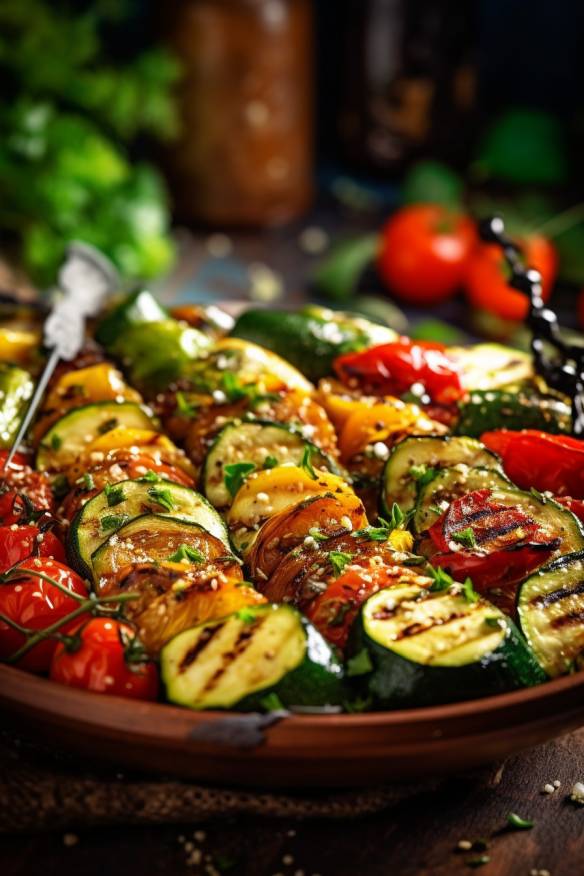 Mediterrane Gemüse-Spieße mit Zucchini, Paprika und Tomaten.