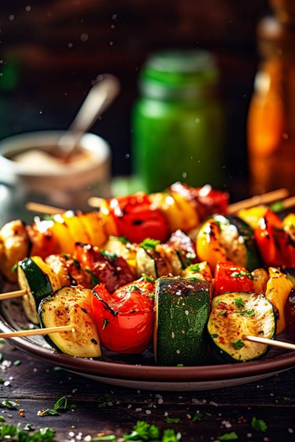 Mediterrane Gemüse-Spieße mit Zucchini, Paprika und Tomaten.