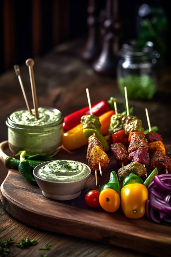 Mediterrane Gemüsesticks mit Dip auf einem Holzbrett serviert.