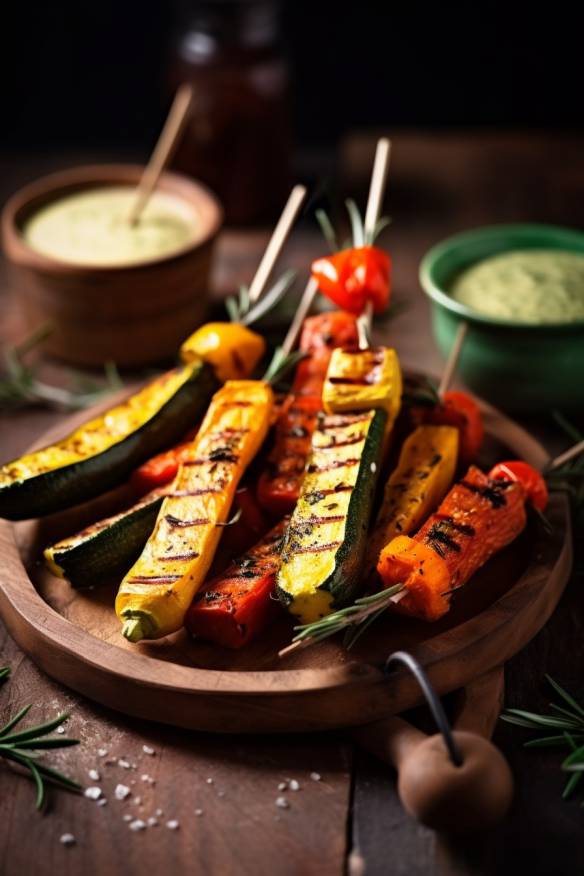 Mediterrane Gemüsesticks mit Dip auf einem Holzbrett serviert.