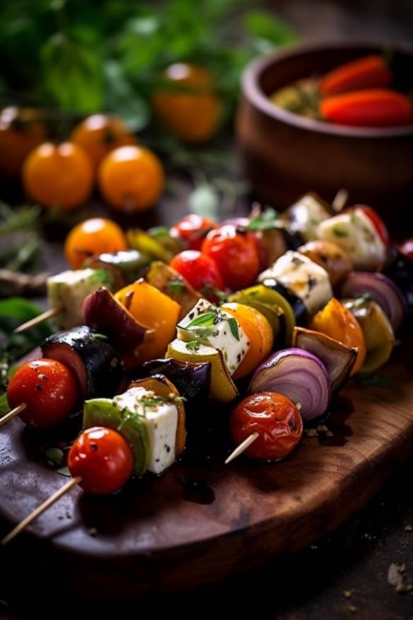 Mediterrane Gemüse-Feta-Spieße als leichte Snacks für Gäste.