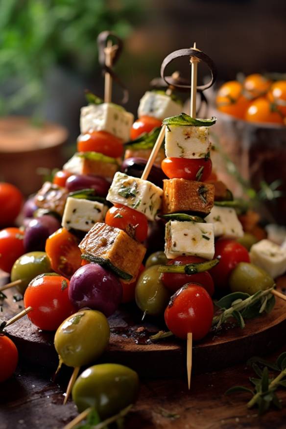 Mediterrane Gemüse-Feta-Spieße als leichte Snacks für Gäste.