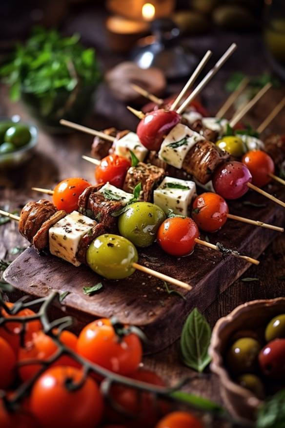 Mediterrane Gemüse-Feta-Spieße als leichte Snacks für Gäste.