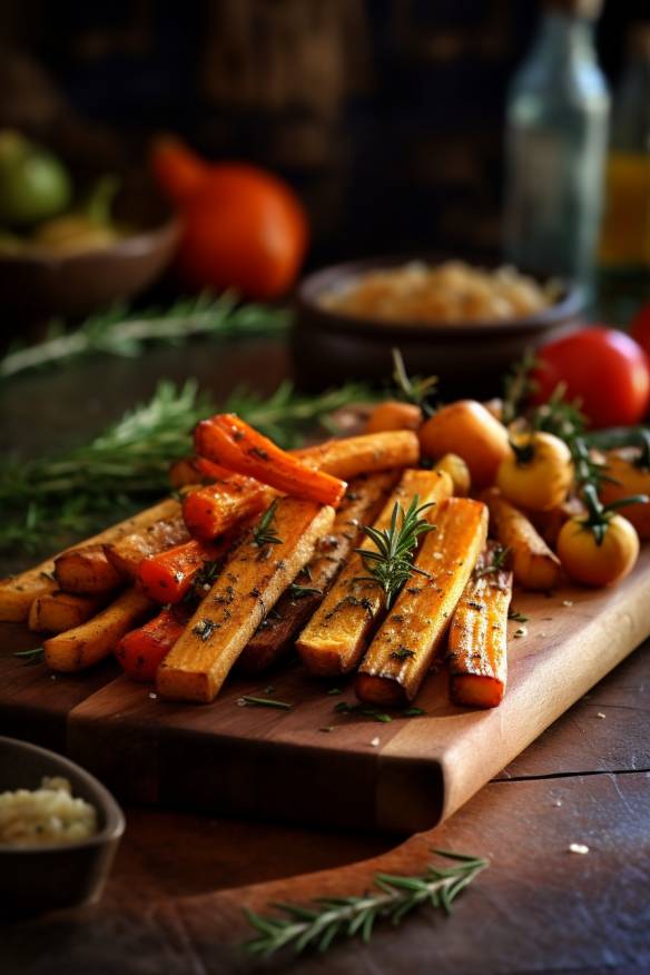 Mediterrane Gemüsesticks auf einem Holzbrett angerichtet.