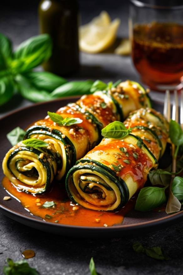 Mediterrane Zucchini-Röllchen auf einem Teller