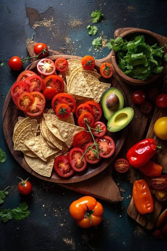 Mexikanische Häppchen mit Tortilla Chips, Tomaten, Paprika, Avocado und Käse.