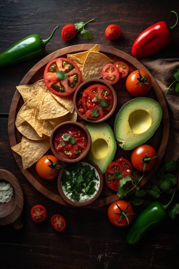 Mexikanische Häppchen mit Tortilla Chips, Tomaten, Paprika, Avocado und Käse.