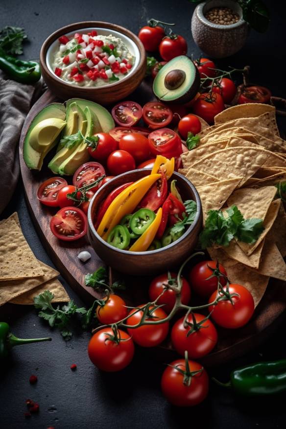 Mexikanische Häppchen mit Tortilla Chips, Tomaten, Paprika, Avocado und Käse.