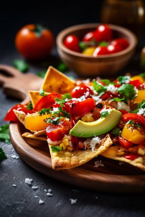 Mexikanische Häppchen mit Tortilla Chips, Tomaten, Paprika, Avocado und Käse.