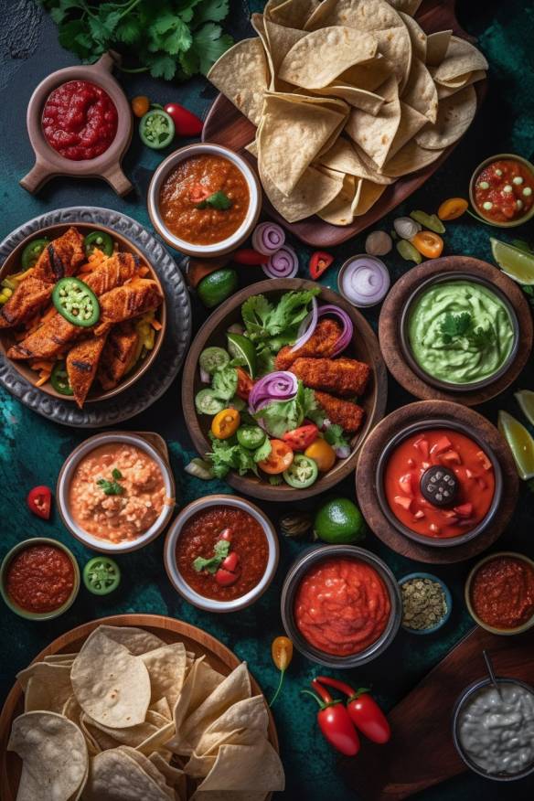 Mexikanisches Fingerfood Buffet mit Nachos, Guacamole und Salsa