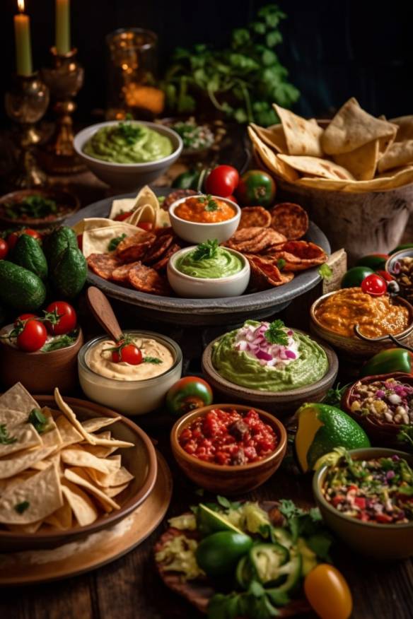 Mexikanisches Fingerfood Buffet mit Nachos, Guacamole und Salsa