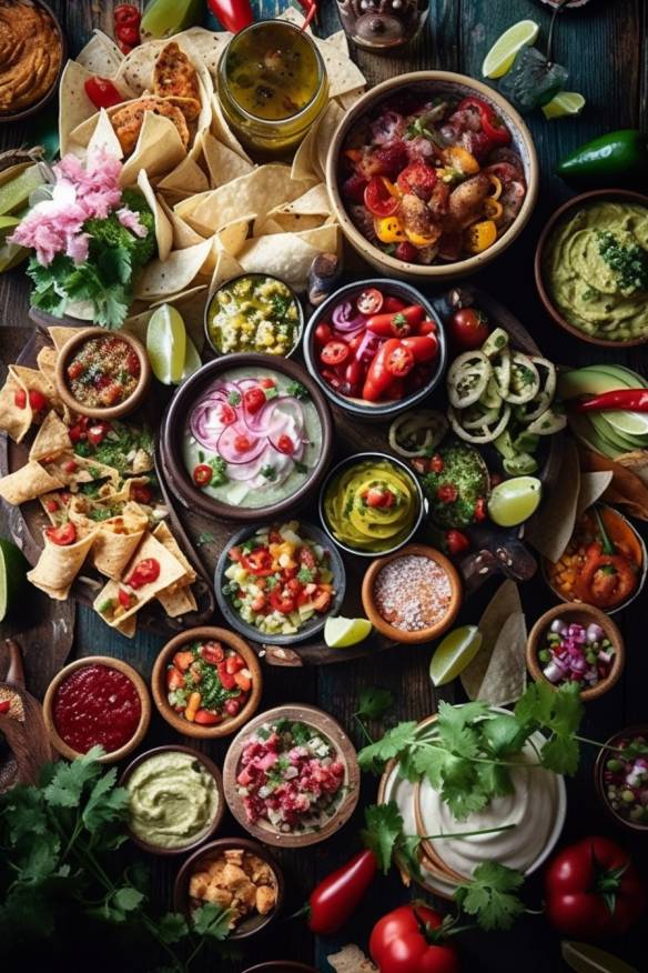 Mexikanisches Fingerfood Buffet mit Nachos, Guacamole und Salsa