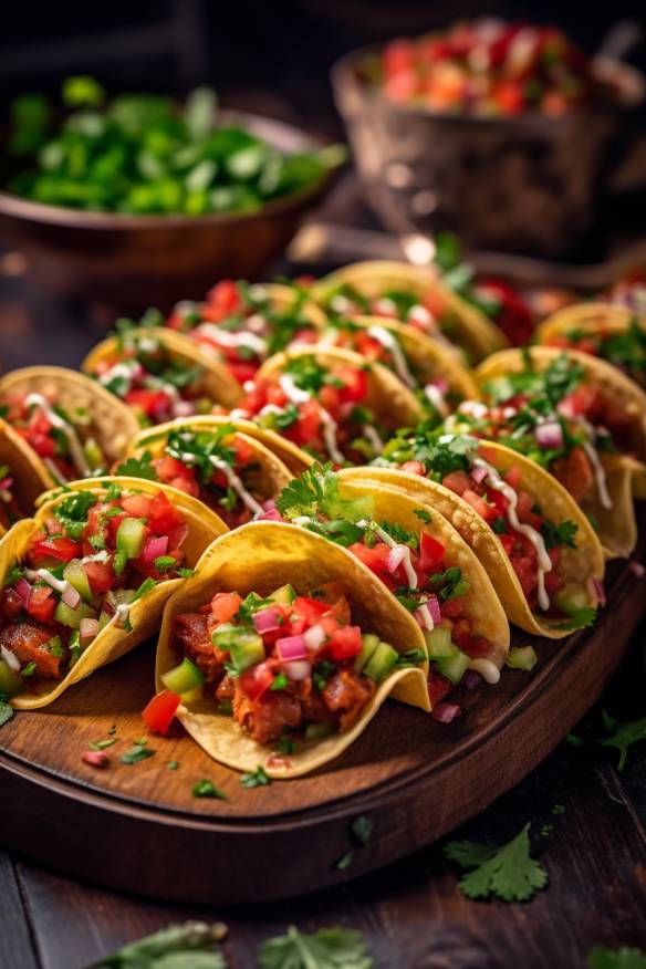 Mexikanische Fingerfood-Tacos mit Guacamole und Salsa.