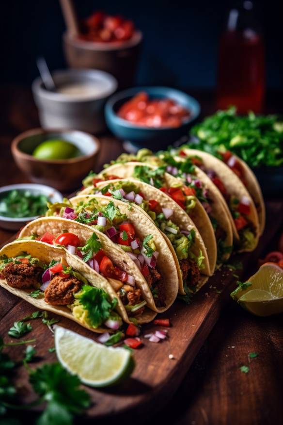 Mexikanische Fingerfood-Tacos mit Guacamole und Salsa.