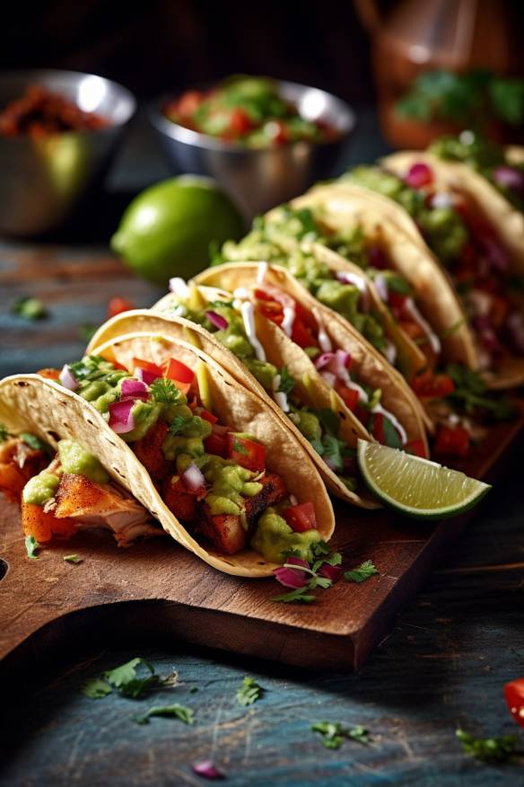 Mexikanische Fingerfood-Tacos mit Guacamole und Salsa.