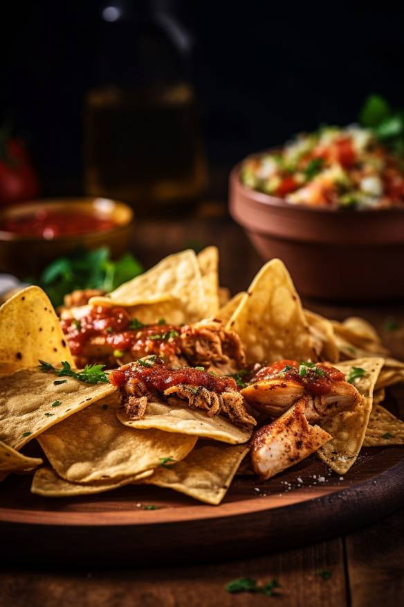 Mexikanisches Fingerfood mit Tortilla Chips und Hähnchenbrust