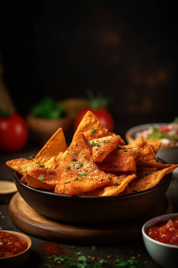 Mexikanisches Fingerfood mit Tortilla Chips und Hähnchenbrust