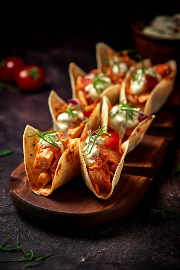 Mexikanisches Fingerfood mit Tortilla Chips und Hähnchenbrust