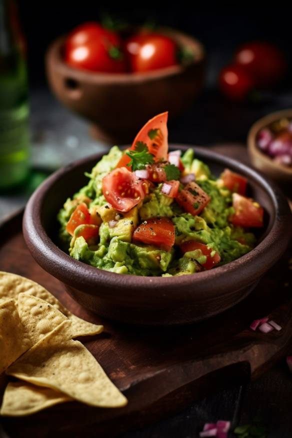 Mexikanische Guacamole-Tomaten-Salsa auf einem Teller angerichtet.