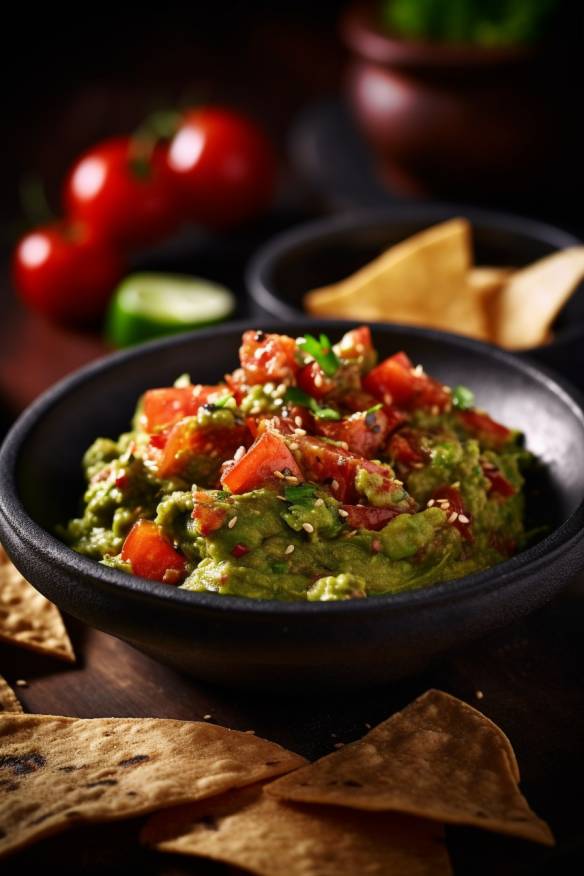 Mexikanische Guacamole-Tomaten-Salsa auf einem Teller angerichtet.