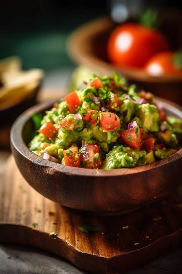 Mexikanische Guacamole-Tomaten-Salsa auf einem Teller angerichtet.