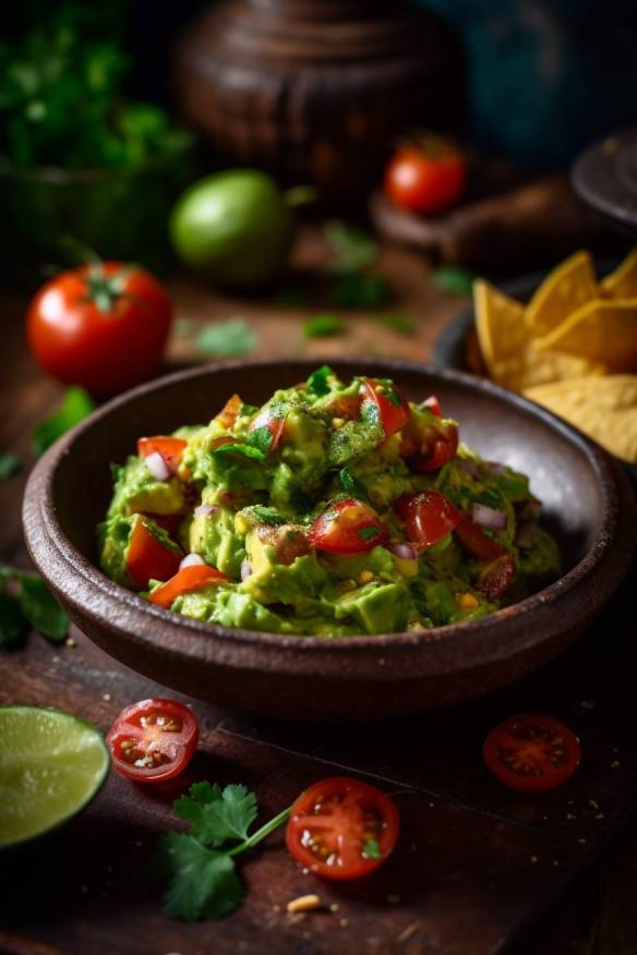 Mexikanische Guacamole-Tomaten-Salsa auf einem Teller angerichtet.