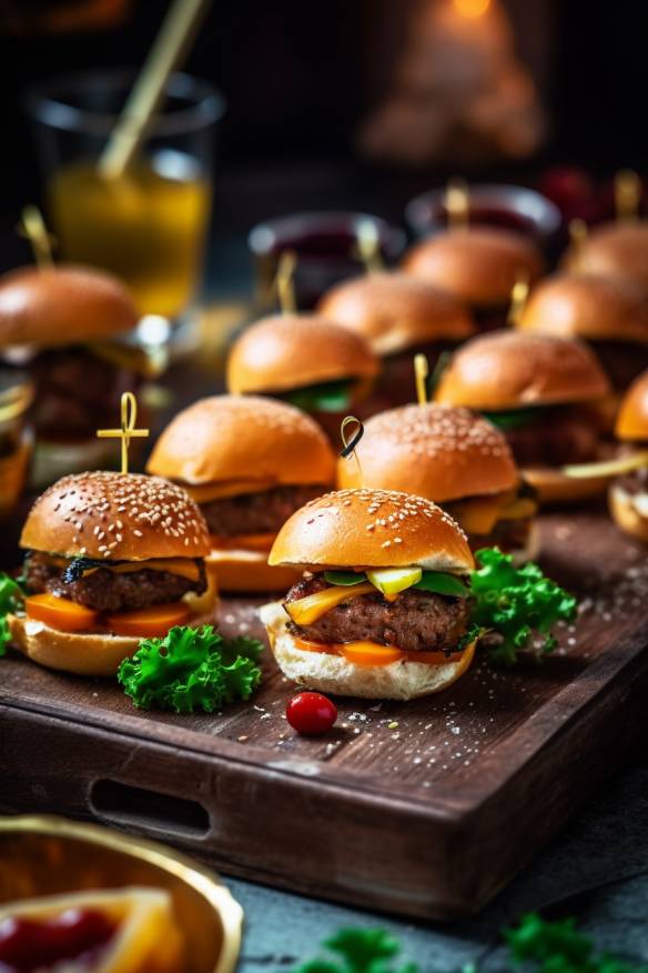 Mini-Burger-Häppchen auf einem Tablett