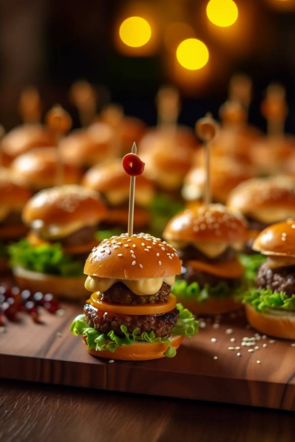 Mini-Burger-Häppchen auf einem Tablett