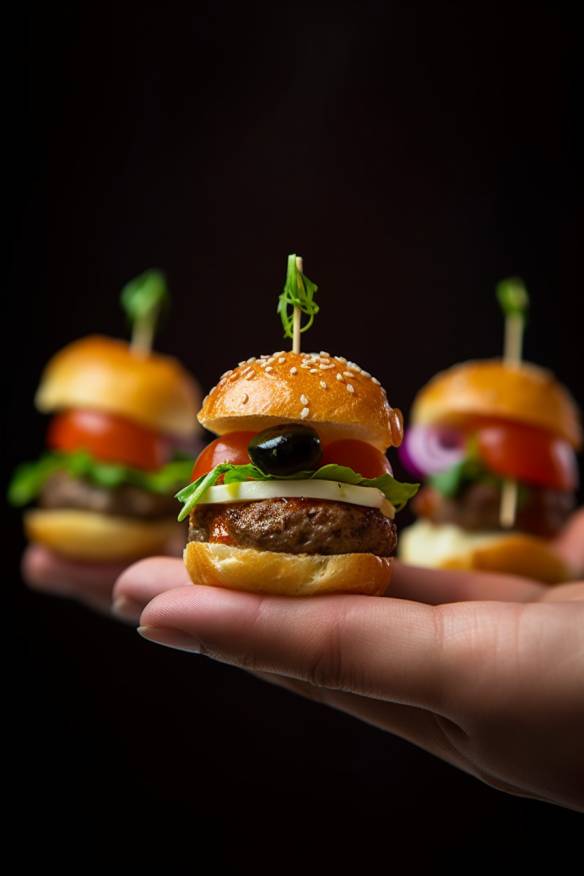 Mini-Burger Fingerfood mit Rindfleisch, bunten Gemüsen und Käse.