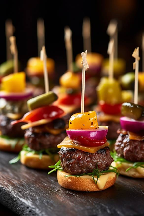 Mini-Burger Fingerfood mit Rindfleisch, bunten Gemüsen und Käse.