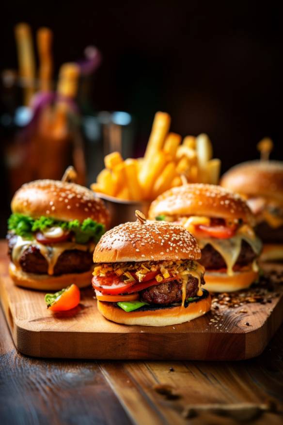 Mini-Burger auf einem Holzbrett mit Pommes