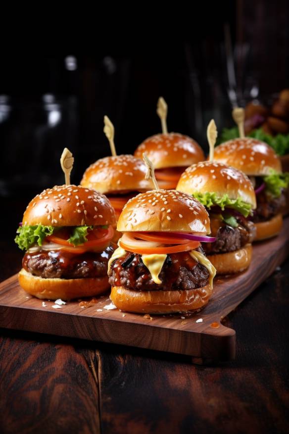 Mini-Burger auf einem Holzbrett mit Pommes